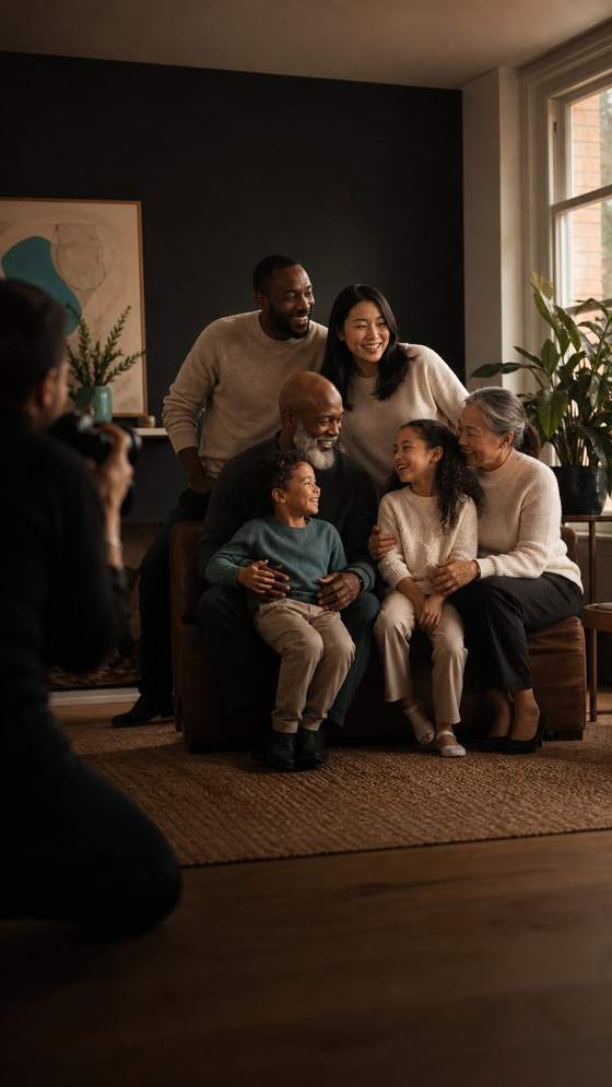 Family session in a warm living room