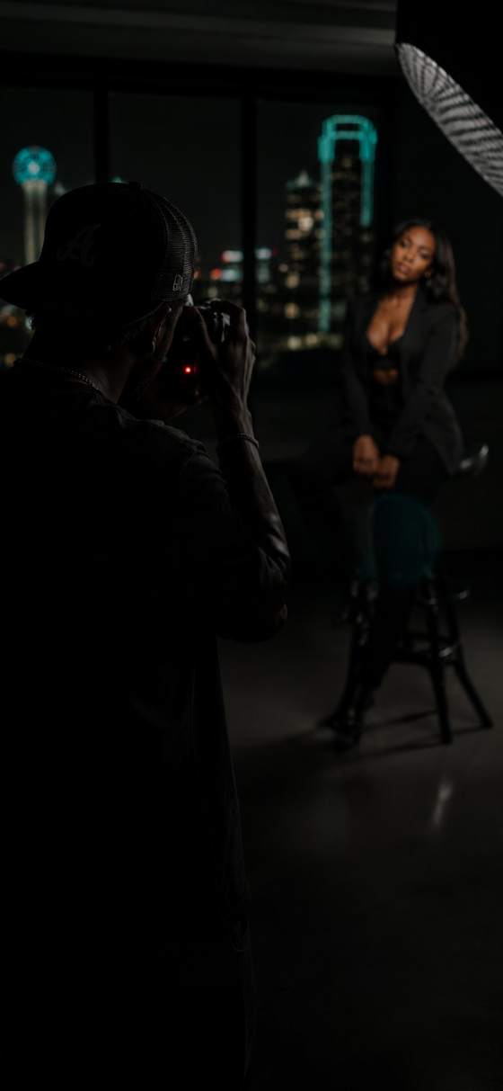 Studio portrait session against the Dallas skyline