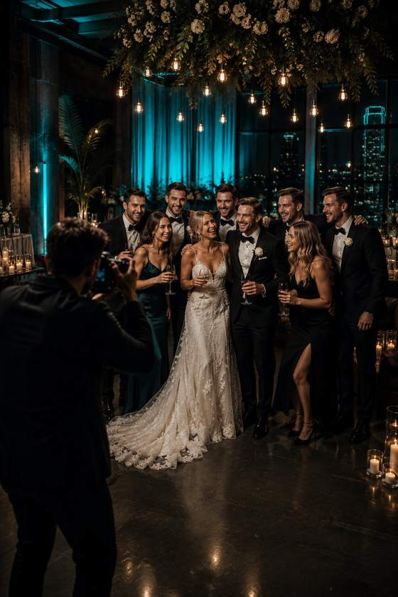 Wedding party photographed at an evening reception